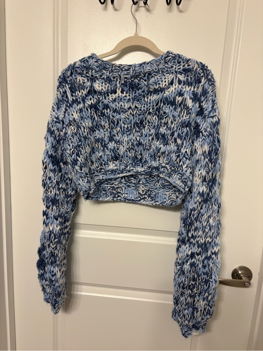 Cropped Blue & White Marled Crewneck Sweater